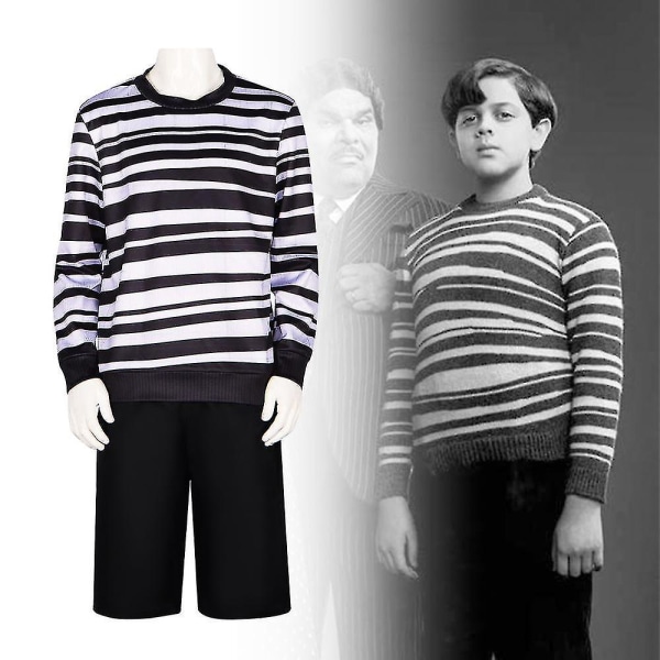 Pugsley Addams Costume Boys Onsdagsdräkt Svart och vit randig skjortahals Adults 3XL