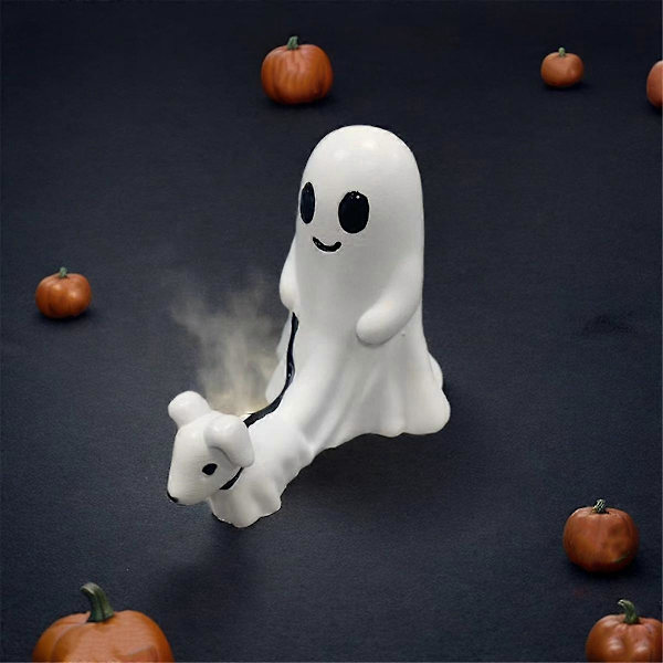 Spöke som promenerar med hundstaty, Halloween skräckspöke staty dekoration, spöke som promenerar med sin spökhund (pojke) medium White