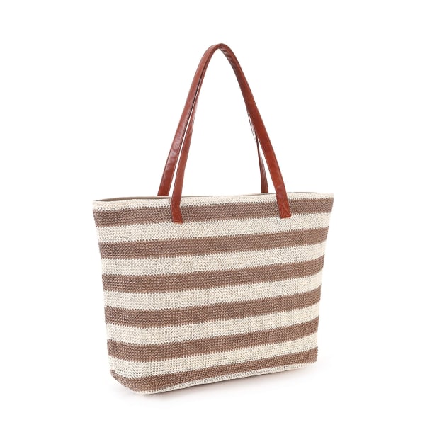 Strandtasker Stor Xxl familie med lynlås - flettet stråtaske Shopper skuldertaske Shoppingtaske-beige