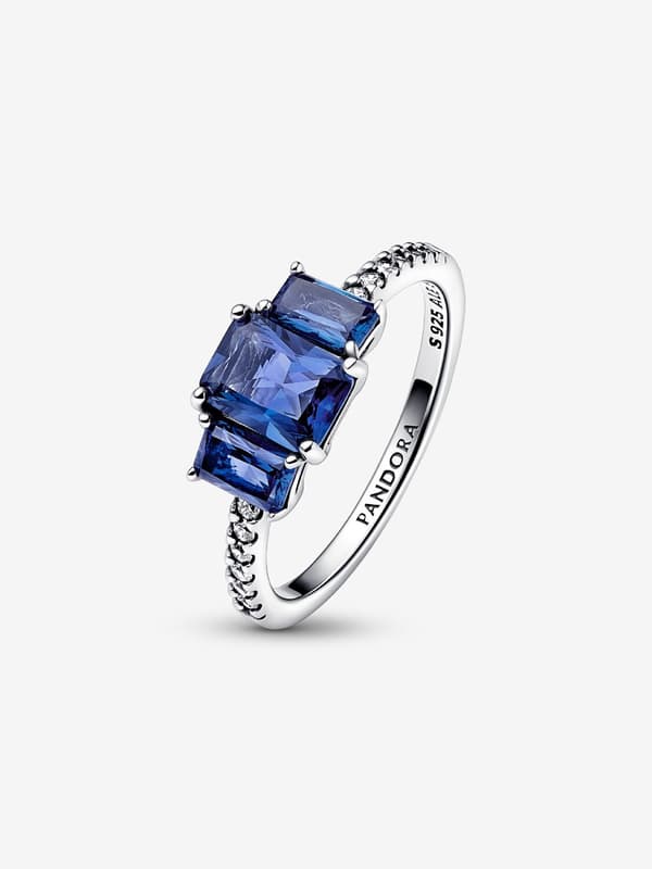 Pandora - Blue Rectangular Ring with Three Glittering Stones - Sterling Silver Circumference: 54mm