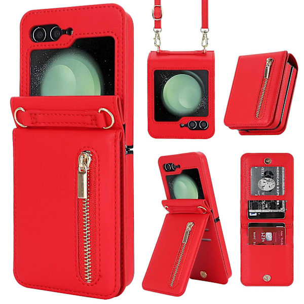 Z Flip 5 Pung Etui, Crossbody Lynlås Læder Stativ Etui Til Samsung Galaxy Z Flip 5 Med Kortholder Red