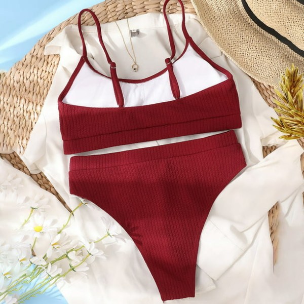 Dame med høy midje ribbet Cami Bikini Sett Burgundy M-US8