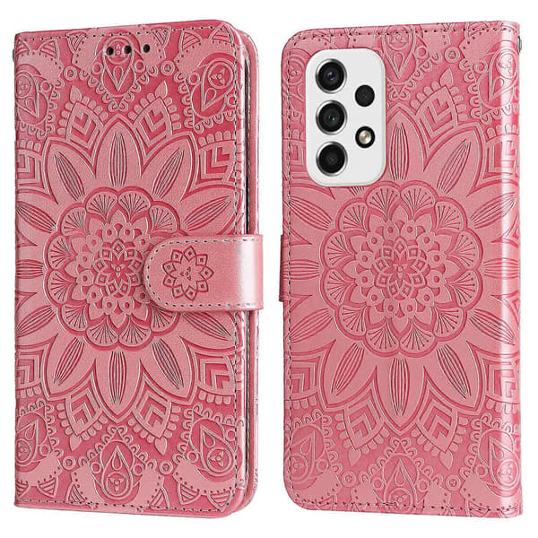 För Samsung Galaxy A53 5G präglat solrosläderfodral Pink