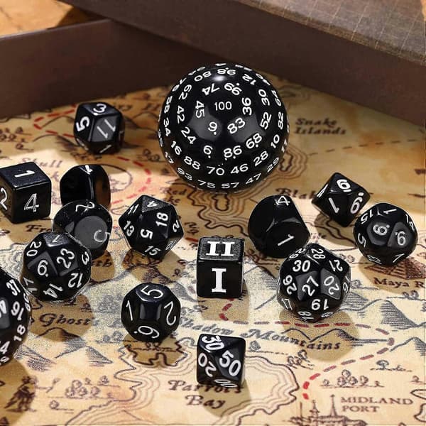 15-delt komplett polyedrisk terningesett med D3 til D100 for D&D, MTG RPG bordrollespill Svart vit