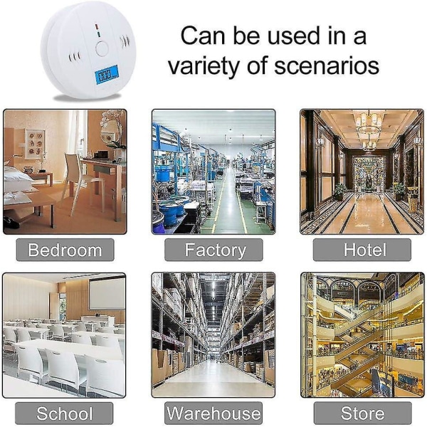 Karbonmonoksiddetektor 3-pakning, co-alarmdetektorsensor batteridrevet med digital LCD-skjerm F