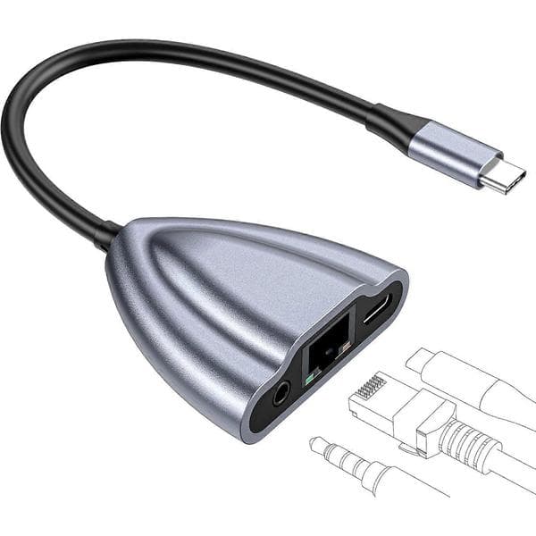 USB C til Ethernet-adapter med ladeport, 1 Gbps RJ45 til USB C Hub Ethernet opptil 480 Mbps overføring, Type-C strømforsyning