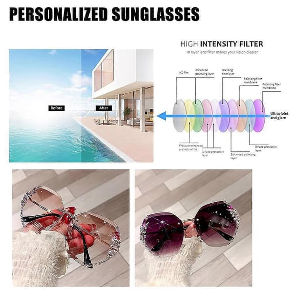 Rammeløse Rhinestone Solbriller Dame Mode Gradient Linse Solbriller Nuancer Premium Kvalitet Ergonomisk A