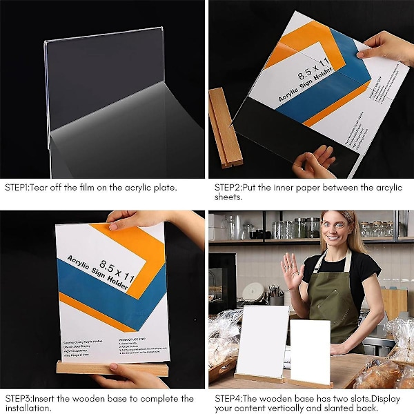 Akrylskilteholder, 4-pak, 8,5x11 tommer, L/t-form Klar akrylrammer Træbase, Bordmenu Dis transparentwood