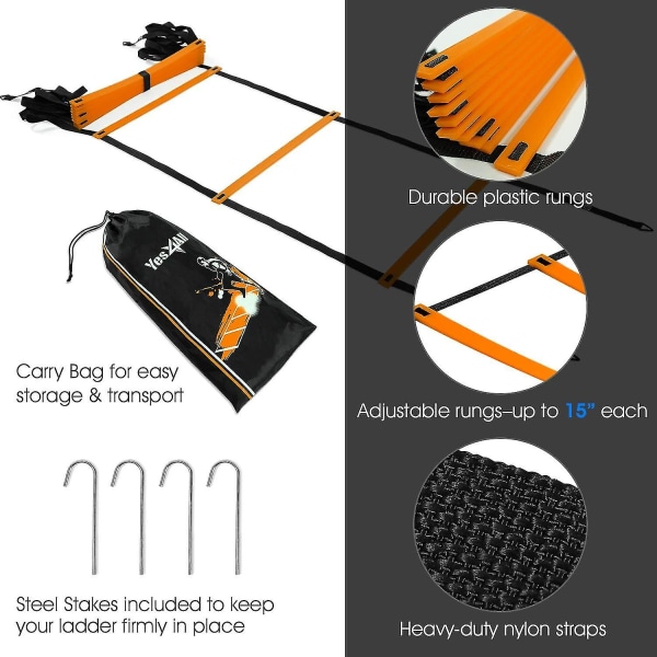 Ultimate Combo Agility Ladder set Speed ​​Agility Tikkaat 12 säädettävää puolta, 12 agilitykartiota ja 4 teräspuikkoa - mukana kantolaukku C  Combo Orange