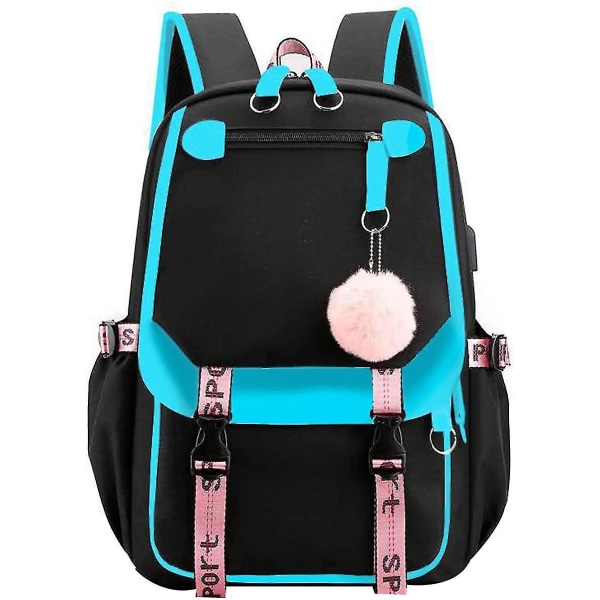 Ryggsäck för tonårsflickor Mellanstadiestudenter Bokväska Outdoor Daypack med USB laddningsport (ljusblå)