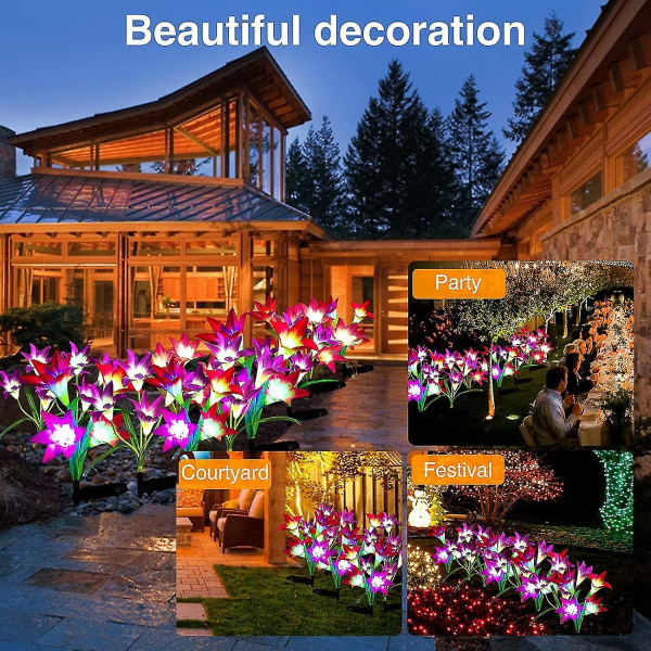 2 stykker liljelampe, 4 LED-simuleringsblomster, utendørs hagelampe, plenlampe landskap (rød+lilla) Pxcl