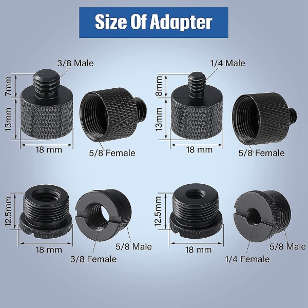 8 stk mikrofonstativ gjengeadaptersett, 5/8 hunn til 3/8 hann og 3/8 hunn til 5/8 hann skrueadapter T