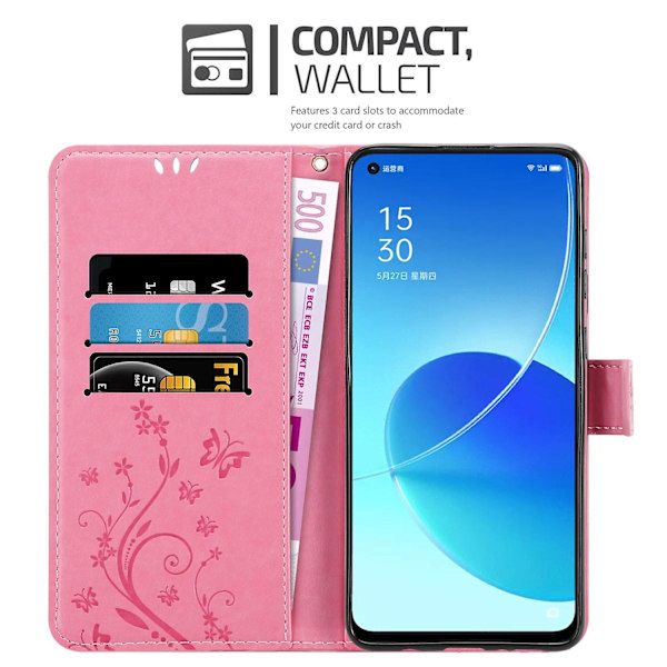 Oppo Reno6 5G Cover Case Case - med blommönster och stativfunktion och kortplats FLORAL ROSA