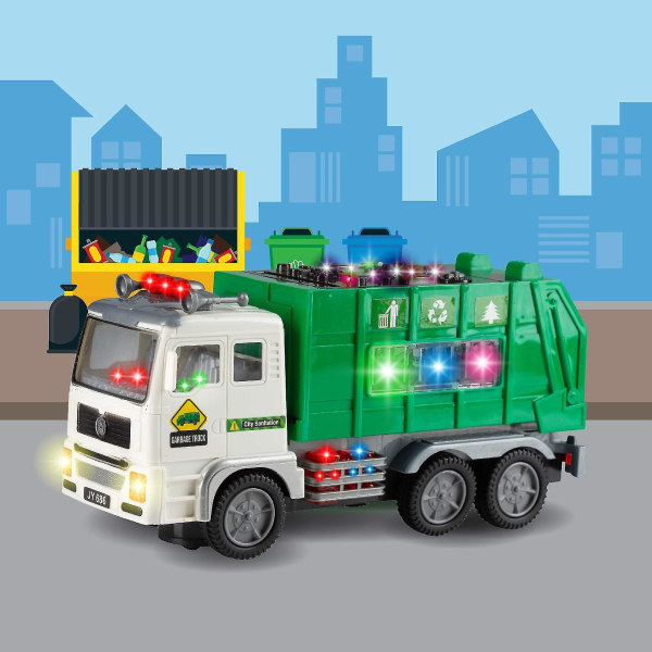 Lelu roska-auto lapsille 4d valoilla ja äänillä - Akkukäyttöinen automaattinen Bump & Go -auto - Puhdistusautotarrat
