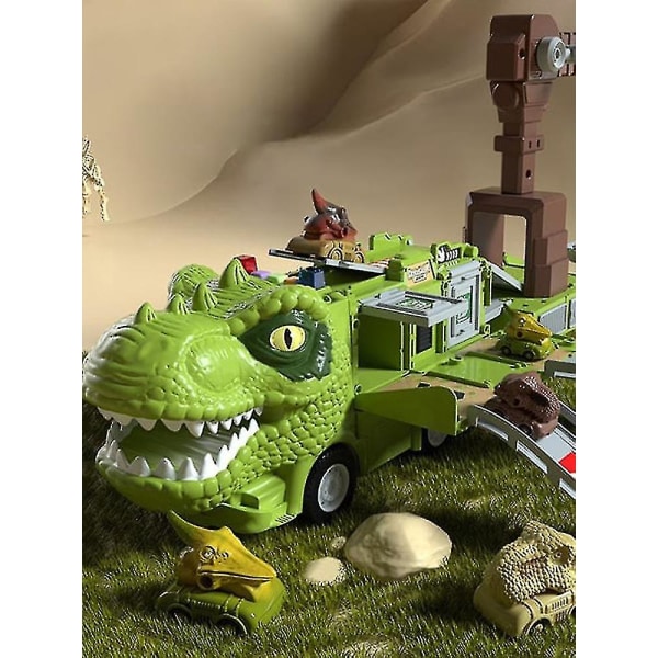 Dinosaur Transforming Engineering Truck Track Lekesett med lys og musikk Gray Tyrannosaurus rex