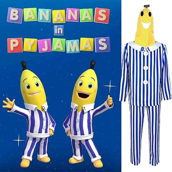 Voksen Bananer i Pyjamas Kostume Blå Hvid Stribet Skjorte Bukser Med Banan Hoved Mænd Kvinder Fancy Dress Fest Kostume Halloween Bedste Valg Blue white S