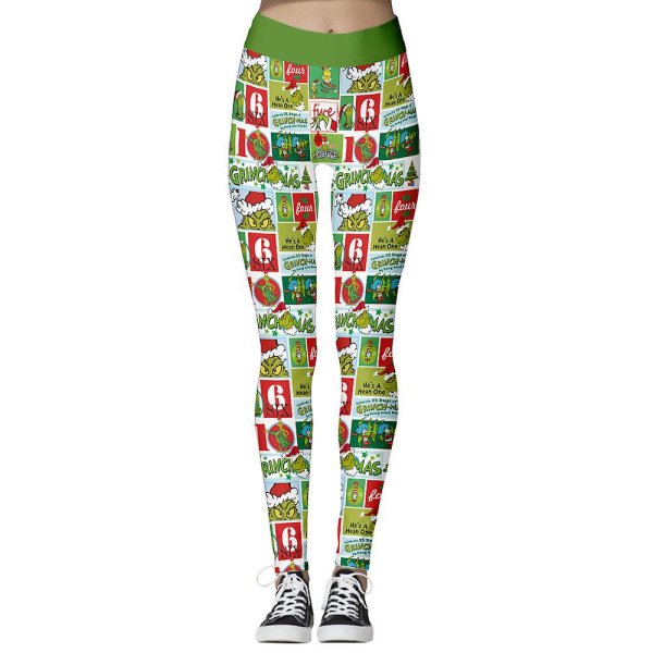 Joulunaiset naiset korkeavyötäröiset leggingsit printed Grinch lumihiutalepainetut Stretch laihat housut Joululahja C L