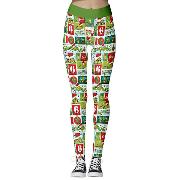 Jul Kvinnor Leggings med hög midja Randig The Grinch Snowflake Printed Stretch Skinny Pants Julpresent C L