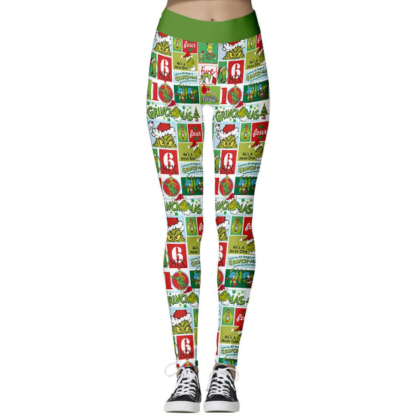 Jul Kvinnor Leggings med hög midja Randig The Grinch Snowflake Printed Stretch Skinny Pants Julpresent C S
