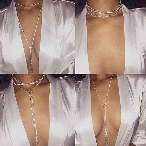 Mode Silver Långt Halsband med Strass smycken kedja för kvinnor och flickor
