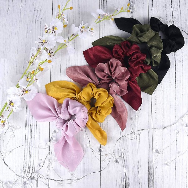 6 kpl Hiusscrunchies Satin Silkrabbit Bunny Ear Bowknot Scrunchie Bobbles Joustavat Hiussolmiot Nauhat poninhäntäpidike Naisten Asusteet