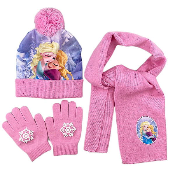 3-8 vuotta Lapset Tytöt Frozen Elsa Anna Minnie Printed Talvi Neulottu Pipo Hattu Huivi Käsineet Set B