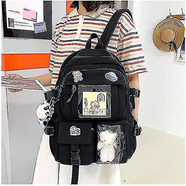 Kawaii Ryggsäck med Kawaii-nål och tillbehör Ryggsäck Söt estetisk ryggsäck Söt Kawaii-ryggsäck för skolan (rosa) black