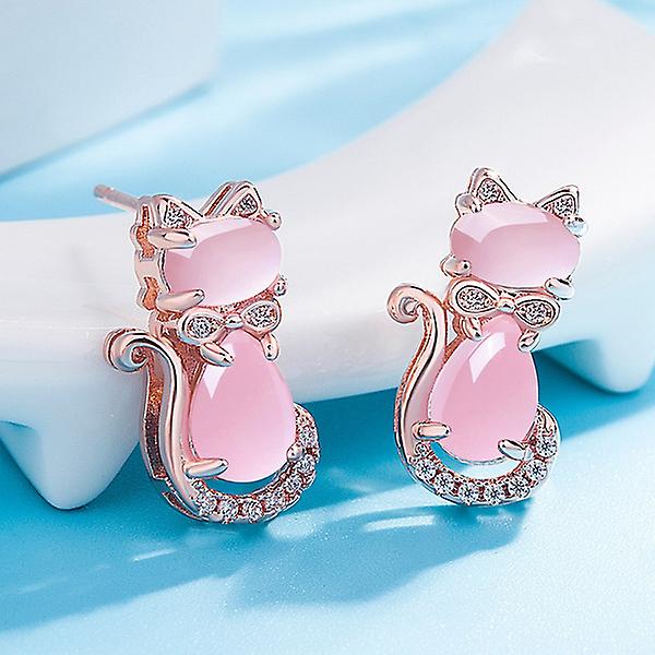 Ny Cat Charm Vedhæng Halskæde Ring Øreringe Smykkesæt Pink Hibiscus Stone Sæt Diamant Kvinder Mode smykker 1 Pair Earrings