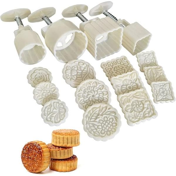 Månkakspressformar, 4 st Bakform Handpress Set med 12 st Formar för Bakning Kakor Desserter