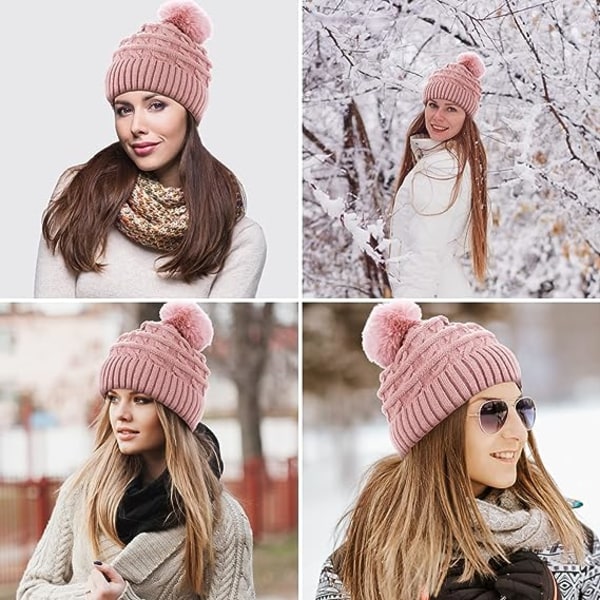 Bobble Hat til Kvinder Vinter Hue Hatte Termisk Fleece Foret Hat Dame Strikket Uld Hatte med Faux Fur Pom Pom Pink