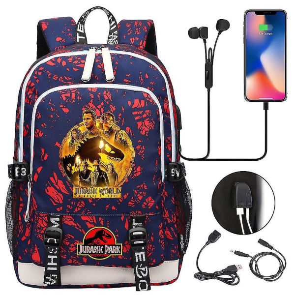 Jurassic World Dominion Cartoon Gutt Jente Ryggsekk Med Usb-lading - Høykvalitets Skolebokveske for barn Mochila - Reiseveske 9