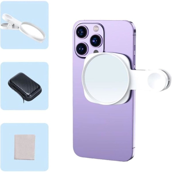Mobiltelefon kamera spejl spejl skyde klip til alle telefoner, refleks klip bag HD linse selfie reflektor spejl med opbevaringstaske White