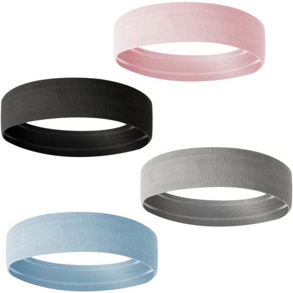 4-pack unisex sportpannband, halkfria elastiska pannband, fuktavledande gym, cykling, yoga, basket (svart, grå, blå, rosa)