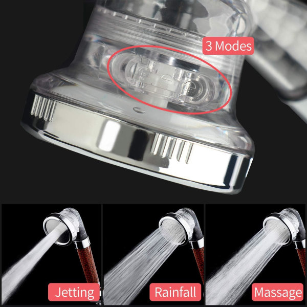 Brusehoved Kraftfuld flow med perler Filtertrykforøgende brusehovedspray med 3 tilstande (hvid)