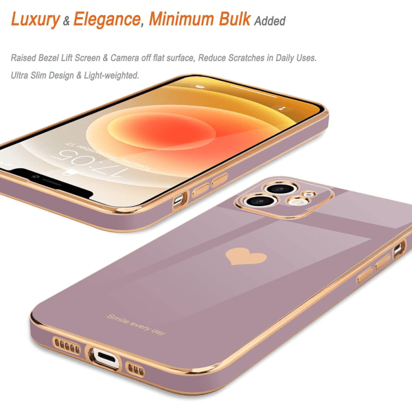 IC-kompatibel med iPhone 12-deksel for kvinner jente Cute Love-Heart Luxury Bling Soft Shell-deksel for iPhone 12, lavendel