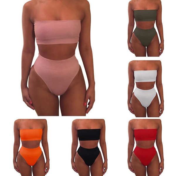 Solid Color Crop BH Bikini Badetøj Badedragt Strandtøj Sæt til kvinder pink M