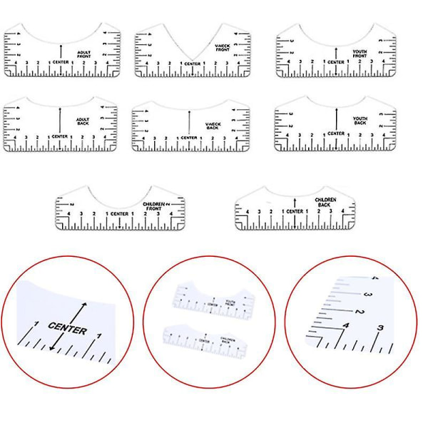 8 stk T-skjorte linjalguide V-halsjusteringsverktøy til senterdesign Måling Shytmv