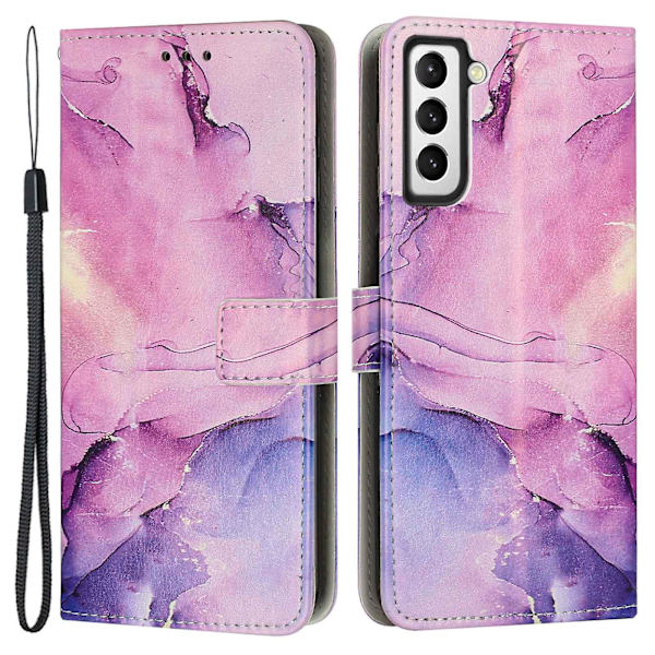 Marmormönsterutskrift cover för Samsung Galaxy S23, Pu läder hopfällbart stativ Flip case med rem Purple