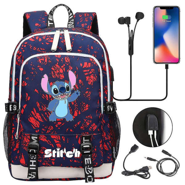 Stitch Resväska - Skol- och bärbar ryggsäck med USB laddning, Oxford-material - Lilo And Stitch-tema Ryggsäck för tonåringar - Perfekt födelsedagspresent B