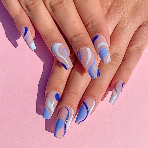 24 st Press on Nails Medium, kista falska naglar med GlueSwirl， glansigt lim på naglar Falska naglar för kvinnor tjejer (blå virvel)