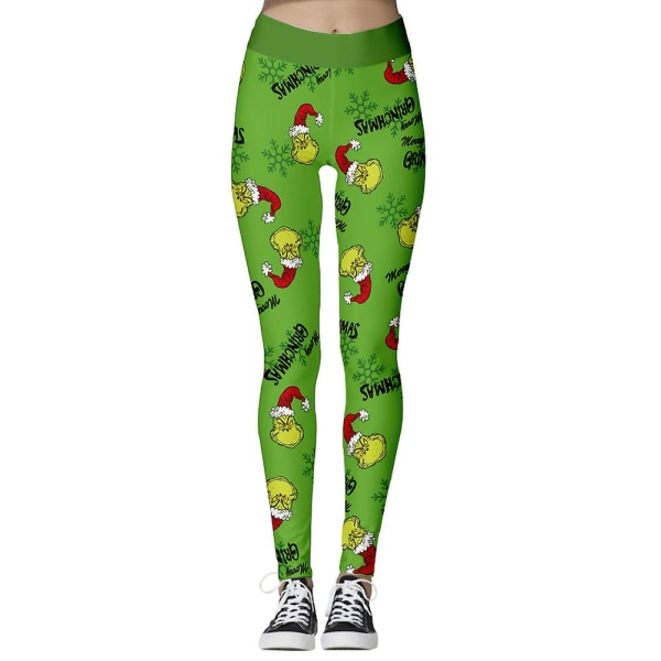 Joulunaiset naiset korkeavyötäröiset leggingsit printed Grinch lumihiutalepainetut Stretch laihat housut Joululahja A M