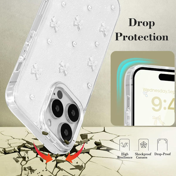 Skal för iPhone 14 Pro Max, Bling Glitter 3D Rosett Mobilskal Sött Glittrigt Kristallklart Rosett Slim Mjukt Tåligt Skyddande Skal Vit Vit White iPhone 14 Pro Max
