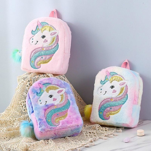 Mini Unicorn Ryggsekk Jente Barn Plysj Dobbel Skulderveske Reise Snack Ryggsekk Rosa