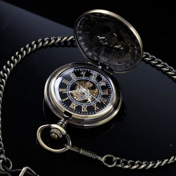 Vintage unik ihålig mekanisk Steampunk watch med kedja Skelett romerska siffror Fickur för män Presenter