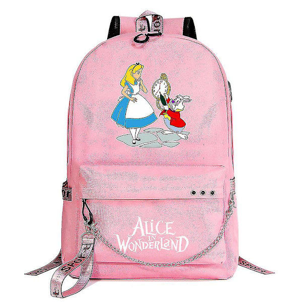 Alice In Wonderland Ryggsäck För Pojkar Flickor Barn Skolboksväskor Med USB kedja, Canvas Laptopväska för män väska Packsäck Bokväska För Dam 3