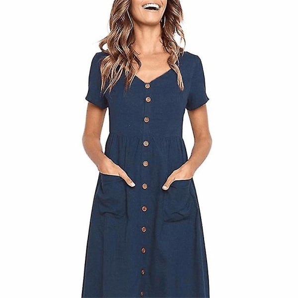 Sommarklänningar för kvinnor Casual midiklänning Kortärmad skjortklänning V-hals Button Down Swing A Line Tunikaklänning med fickor Dark blue