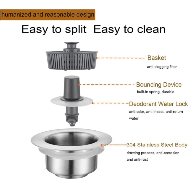3-in-1 ruostumattomasta teräksestä valmistettu pesualtaan apuväline, tiskialtaan tyhjennyssiivilä1r 3-1/2 tuuman pesualtaalle, pesualtaan tulppa keittiön viemäriin, keittiön tiskialtaan tyhjennyskori 2pcs