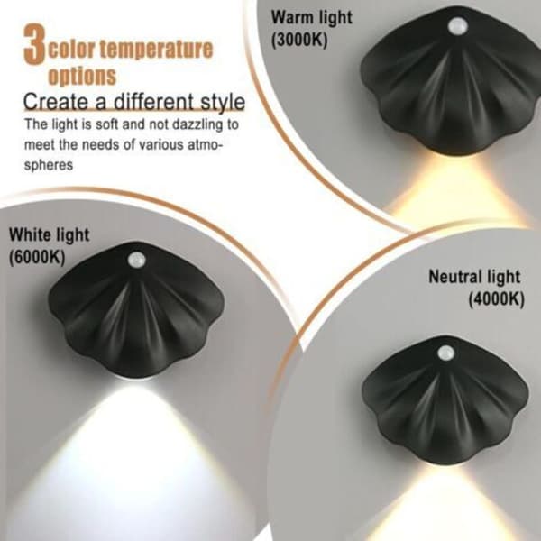 Set med 2 magnetiska nattlampor med rörelsesensor, 3 ljusfärger Black