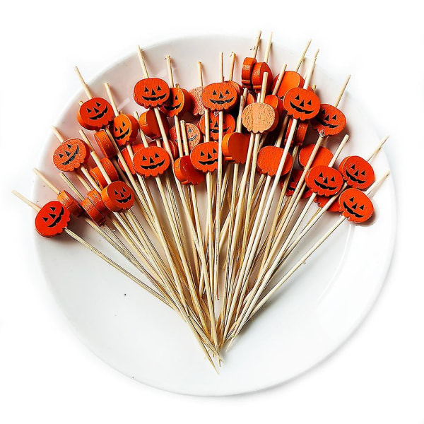 50/100 st Halloween Pumpa Bambuspett Fruktgaffel Dessert Sallad Grönsak Engångspinnar Tandpetare Grillspett Halloween Deocor H-100pcs