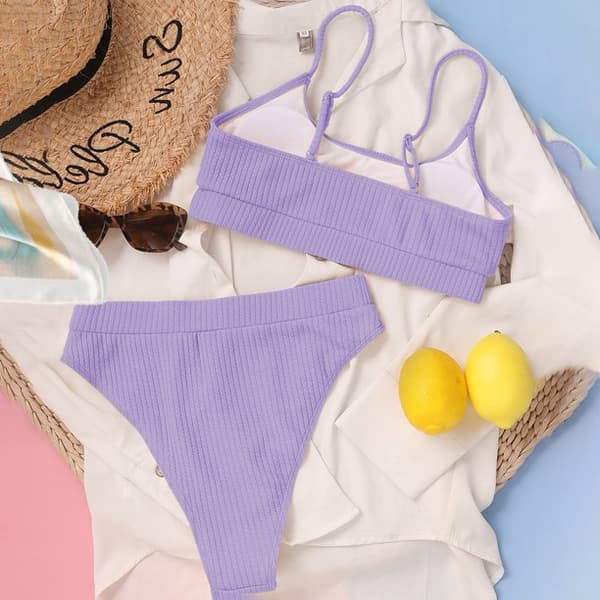 Kvinnor Högmidjade Ribbade Cami Bikini Set Ljus Lila S-US4